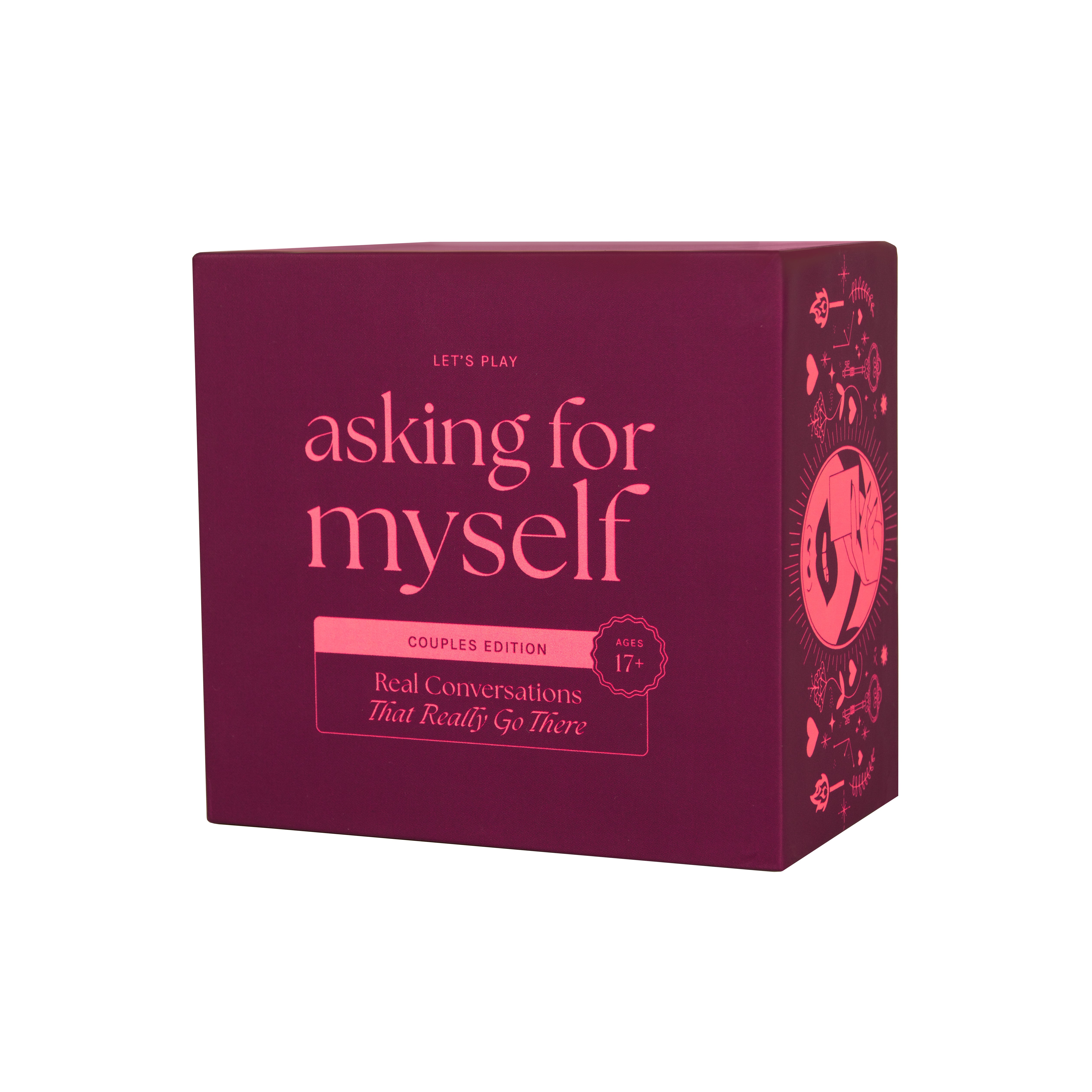 A box of Asking for Myself: Couples Edition card deck with burgundy and coral branding and text on the packaging.
